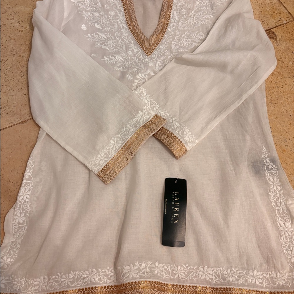 Ralph Lauren White and Gold Embroidered Blouse